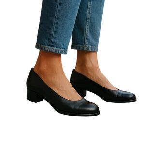 ROCKPORT Chunky Heel Pump Black Leather Round Toe Cushion Insole Minimalist 7.5